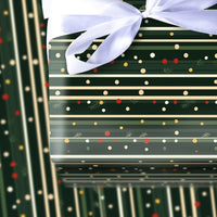Polka Dot Stripe Gift Wrap, Pine Sprig Christmas Wrapping Paper, Dark Green Festive Wrapping Paper Roll, Elegant Winter Holiday Gift Wrap