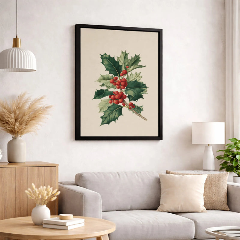 Vintage Christmas Floral Poster, Holly Berry Botanical Wall Art, Winter Holiday Branch Print, Festive Room Decor, Digital Download