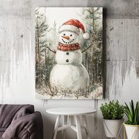 Christmas Winter Forest Canvas Print, Watercolor Snowman Canvas Wall Art, Festive Holiday Snowman Canvas Art, Seasonal Home Decor Present