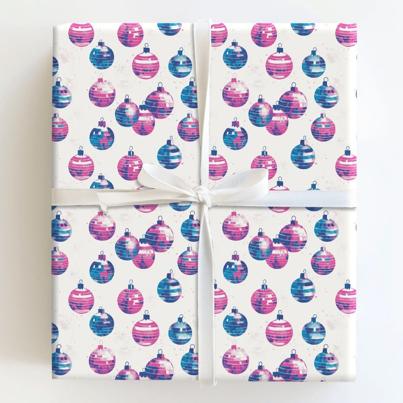 Blue Ornament Christmas Gift Wrap, Pink Disco Ball Wrapping Paper, Retro Holiday Wrapping Paper, Modern Festive Gift Wrap Roll