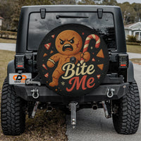 Bite Me Christmas Wheel Cover with Camera Hole, Angry Gingerbread Man Spare Tire Cover, Humorous Holiday Tire Cover, Jeep Bronco Tire Cover