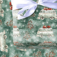 Retro Holiday Van Gift Wrap, Vintage Camper Christmas Wrapping Paper, Winter Pine Tree Wrapping Paper, Rustic Holiday Present Wrap Roll