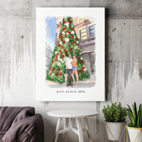 Watercolor Holiday Dog Poster, Custom Couple and Pet Portrait Canvas Print, Personalized Christmas Canvas, Romantic Present for Couple