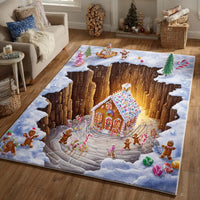 3D Christmas Scene Floor Carpet, Gingerbread House Frost Hollow Cottage Area Rug, Washable Non-Slip Mat, Holiday Living Room Decor Present