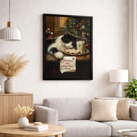 Adorable Holiday Kitten Wall Art Print, Sleeping Cat Christmas Canvas Art, Xmas Cat Milk and Cookies Poster