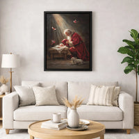 Religious Christmas Nativity Canvas Wall Art, Santa Kneeling at Manger Canvas Print, Holy Night Faith Canvas, Christian Holiday Decor Present