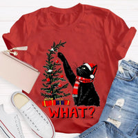 Humorous Holiday Cat Chaos Shirt, Black Cat Pushing Christmas Tree T-Shirt, Adorable Festive Kitty Graphic Tee, Cat Lover Christmas Present