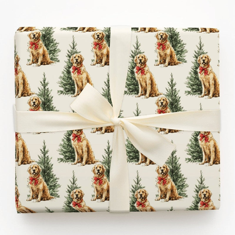 Dog with Red Bow Holiday Gift Wrap, Golden Retriever Christmas Wrapping Paper, Festive Puppy Wrapping Paper, Dog Lover Present Packaging