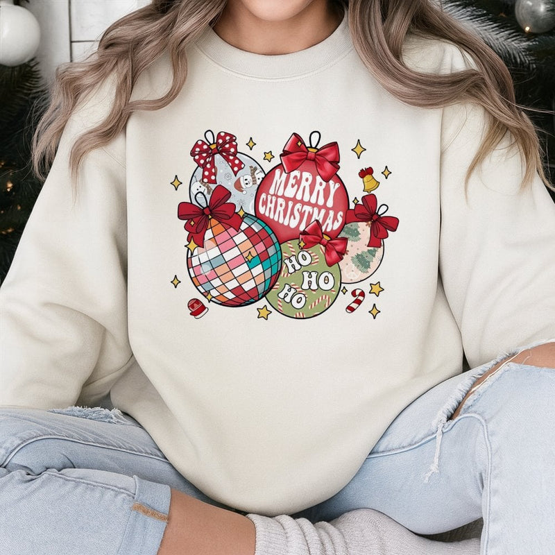 Disco Ball Holiday Graphic Crewneck, Retro Christmas Ornaments Sweatshirt, Coquette Bow Xmas Sweater, Festive Winter Holiday Pullover