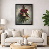 Pine Red Ribbon Canvas Wall Art, Christmas Bell Vintage Oil Painting Print, Rustic Holiday Canvas Decor, Xmas Present Digital Download