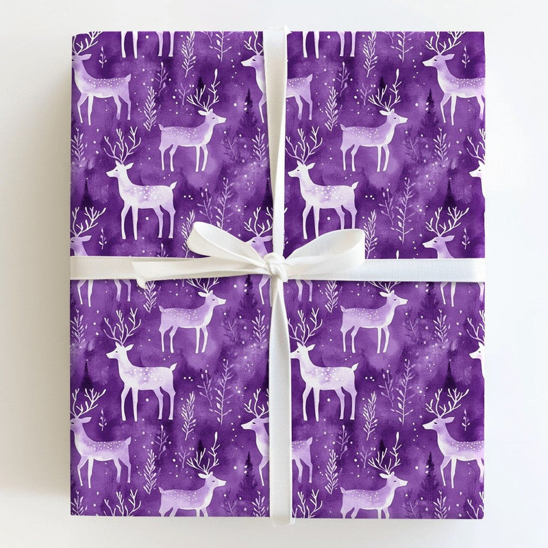 Watercolor Winter Forest Gift Wrap, Purple Reindeer Wrapping Paper, Snowy Deer Holiday Wrapping Paper, Woodland Christmas Gift Wrap Roll