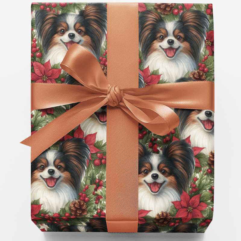 Festive Puppy Holiday Gift Wrap, Papillon Dog Christmas Wrapping Paper, Adorable Pet Floral Present Wrap, Dog Lover Christmas Gift Wrap Roll