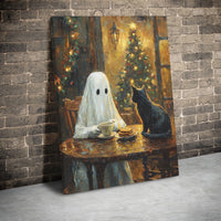 Ghost Coffee Canvas Print, Ghost and Black Cat Canvas Art, Whimsical Holiday Cat Wall Art, Christmas Ghost Poster, Spooky Digital Download