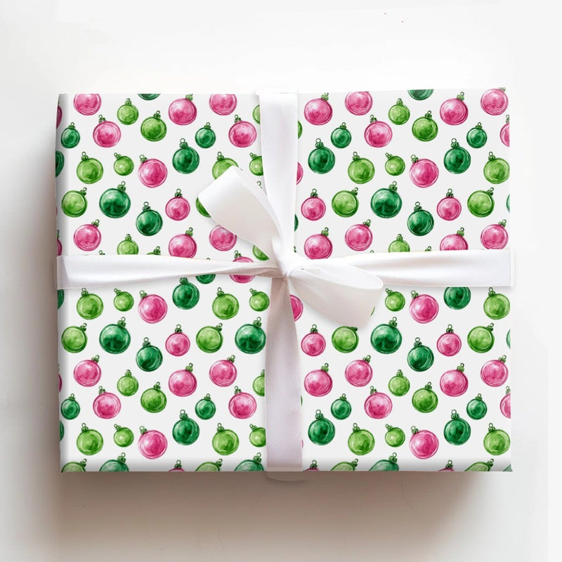 Watercolor Bauble Wrapping Paper, Pink Green Christmas Ornament Wrapping Paper, Festive Holiday Gift Wrap, Xmas Present Wrapping Paper