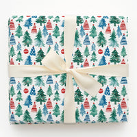 Watercolor Tree Holiday Gift Wrap, Patriotic Christmas Wrapping Paper, Red White Blue Xmas Wrapping Paper
