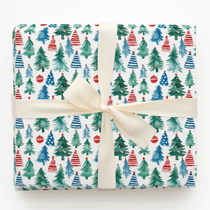 Watercolor Tree Holiday Gift Wrap, Patriotic Christmas Wrapping Paper, Red White Blue Xmas Wrapping Paper