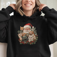 Retro Cat Lover Xmas Hooded Sweatshirt, Santa Claus and Kittens Christmas Hoodie, Comfy Holiday Cat Mom Pullover, Festive Winter Sweater