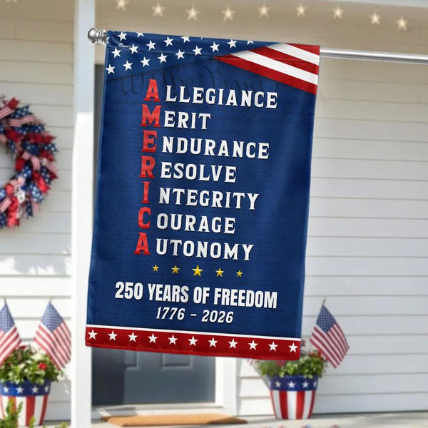 250 Years of Freedom Garden Flag | AMERICA Acrostic Patriotic Design | Double-Sided Polyester | 1776-2026 Commemorative Gift