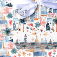 Palm Tree Cityscape Gift Wrap, Tropical Christmas City Skyline Wrapping Paper, Urban Winter Wrapping Paper, Festive Holiday Gift Wrap Roll