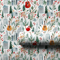 Urban Music Lover Gift Wrap, Cityscape Guitar Christmas Wrapping Paper, Musical Holiday Wrapping Paper, Festive Skyline Present Wrap