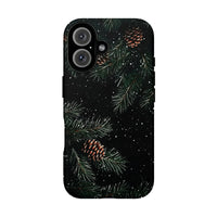 Winter Evergreen Branch Phone Case, Pine Cone iPhone Phone Case, Falling Snow Botanical Tough Cover, Nature Lover Christmas Present