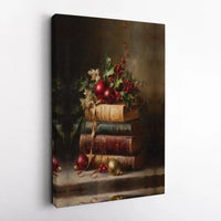 Antique Holiday Oil Painting Poster, Vintage Christmas Books and Holly Still Life Art Print, Winter Wall Decor, Digital Download