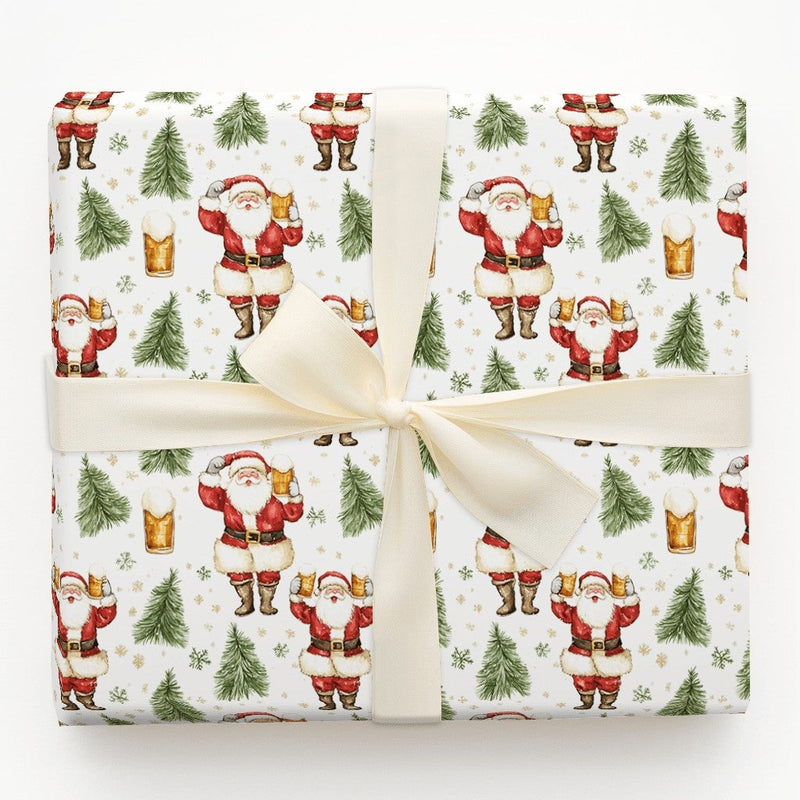 Humorous Beer Lover Gift Wrap, Santa Drinking Beer Wrapping Paper, Festive Santa Wrapping Paper, Christmas Tree Present Wrap, Holiday Gift Wrap