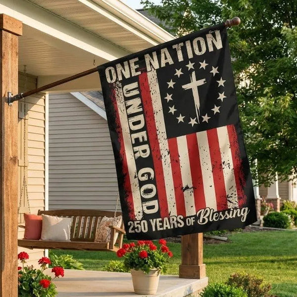 One Nation Under God Garden Flag | 250 Years of Blessing 1776-2026 | Double-Sided Patriotic Cross Design | Americana Home Decor Gift