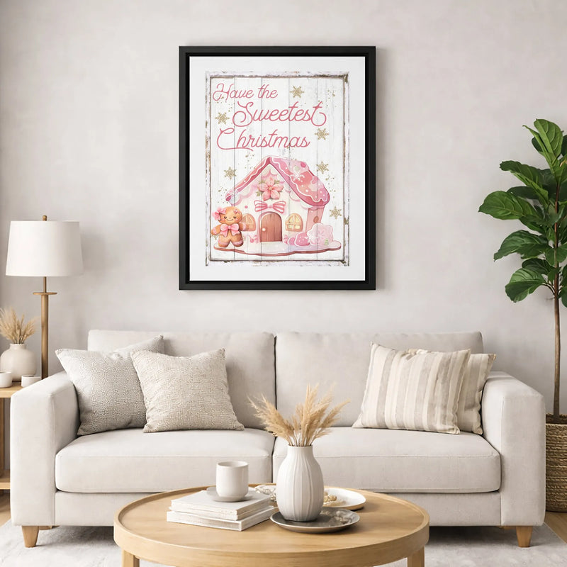 Pastel Christmas Wall Art, Pink Gingerbread House Canvas Print, Sweet Holiday Canvas Decor, Whimsical Xmas Wall Hanging