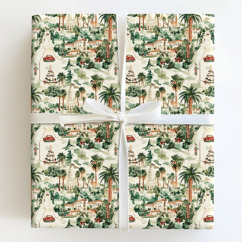 Tropical Palm Tree Gift Wrap, Coastal Christmas Wrapping Paper, Watercolor Coastal Town Present Paper, Beachy Holiday Wrapping Paper
