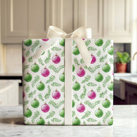 Christmas Bauble Wrapping Paper, Watercolor Pink and Green Ornament Wrapping Paper, Botanical Holiday Wrapping Paper, Festive Gift Wrap