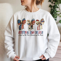 America 250 Years Patriotic Bow Sweatshirt | Vintage Americana Flag Bows Land of the Free Design | Soft Cotton Polyester Blend | 4th of July Gift for Patriots