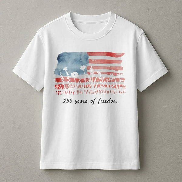 250 Years of Freedom T-Shirt | Patriotic Wildflower American Flag Watercolor Art | Soft Breathable Cotton Tee | Fourth of July Gift for Americans