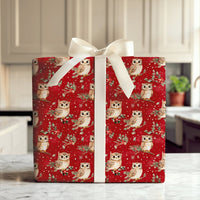Woodland Bird Gift Wrap, Christmas Owl Wrapping Paper, Red Holiday Wrapping Paper, Pine Holly Berry Gift Wrap, Winter Wrapping Paper Roll