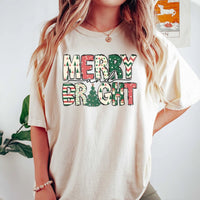 Festive Christmas Tree Typography Tee, Merry and Bright T-Shirt, Holiday Season Graphic Shirt, Xmas Winter Merry Bright T-Shirt