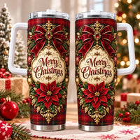 Red Tartan Poinsettia Holiday Tumbler, Merry Christmas Plaid Tumbler, Elegant Christmas Travel Cup, Xmas Present for Mom