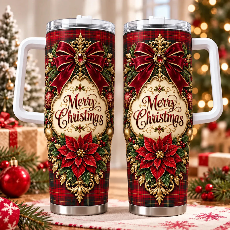 Red Tartan Poinsettia Holiday Tumbler, Merry Christmas Plaid Tumbler, Elegant Christmas Travel Cup, Xmas Present for Mom