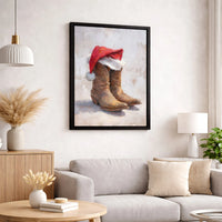 Rustic Christmas Holiday Wall Art, Western Cowboy Boots Santa Hat Canvas Print, Country Xmas Poster, Farmhouse Decor, Digital Download