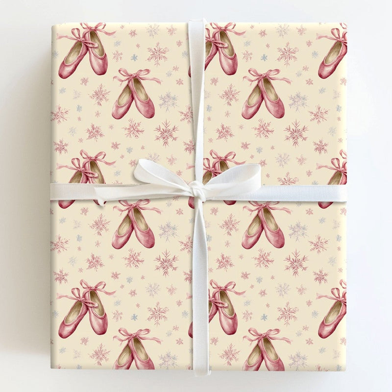 Pink Pointe Shoes Christmas Gift Wrap, Ballet Slipper Wrapping Paper, Dancer Snowflake Wrapping Paper, Ballerina Holiday Gift Wrap Roll