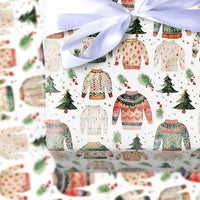 Festive Holiday Gift Wrap, Ugly Christmas Sweater Wrapping Paper, Watercolor Xmas Tree Wrapping Paper, Adorable Holiday Present Wrapping Paper