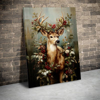 Festive Woodland Stag Holly Berries Painting, Christmas Deer Canvas Wall Art Print, Rustic Winter Deer Decor, Holiday Wall Art Present