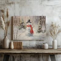 Red Scarf Forest Scene Print, Winter Snowman Canvas Wall Art, Christmas Holiday Canvas Wall Decor, Printable Digital Download Artwork