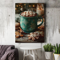 Gingerbread Mug Wall Art Canvas, Christmas Hot Cocoa Canvas Print, Festive Marshmallow Canvas Art, Holiday Kitchen Decor, Winter Season Present