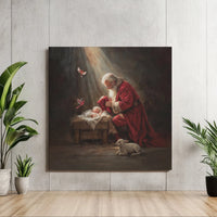 Baby Jesus Nativity Scene Oil Painting Print, Santa Kneeling at Manger Square Canvas Art, Christian Religious Christmas Canvas