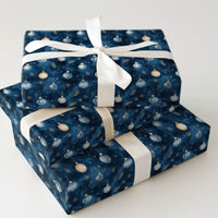 Elegant Snowflake Christmas Gift Wrap, Navy Blue Gold Ornament Wrapping Paper, Winter Baubles Wrapping Paper, Holiday Present Gift Wrap Roll