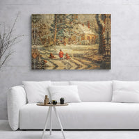Children Sledding Cottage Art, Vintage Winter Scene Canvas Print, Nostalgic Snowy Landscape Wall Decor, Christmas Holiday Home Present