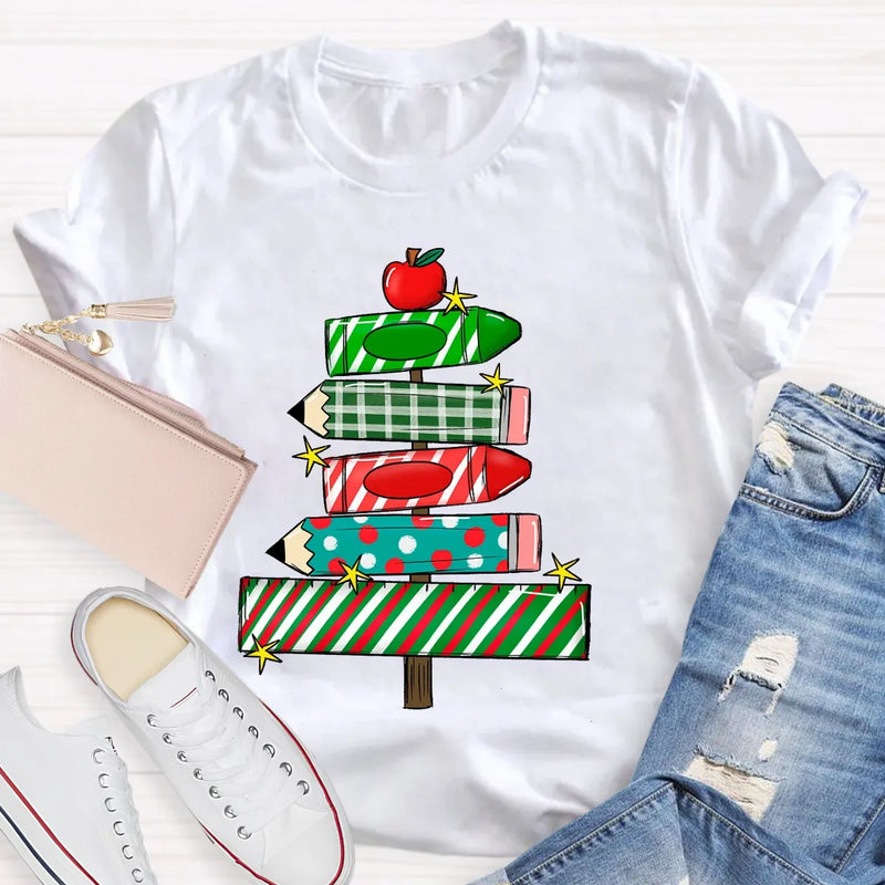 Festive Holiday Classroom Graphic Tee, Christmas Pencil Tree Teacher Shirt, Winter School Vacation T-Shirt, Xmas Teacher Present Shirt