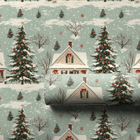 Snowy Pine Tree Holiday Gift Wrap, Vintage Christmas House Wrapping Paper, Nostalgic Winter Wrapping Paper, Xmas Present Wrap