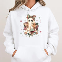 Comfy Watercolor Ghost with Gingerbread Hooded Sweatshirt, Christmas Ghost Hoodie, Vintage Holiday Ghost Pullover, Adorable Xmas Ghost Sweater