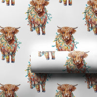 Christmas Lights Gift Wrap, Highland Cow Wrapping Paper, Rustic Cow Holiday Wrapping Paper, Festive Farm Animal Wrapping Paper, Xmas Wrap